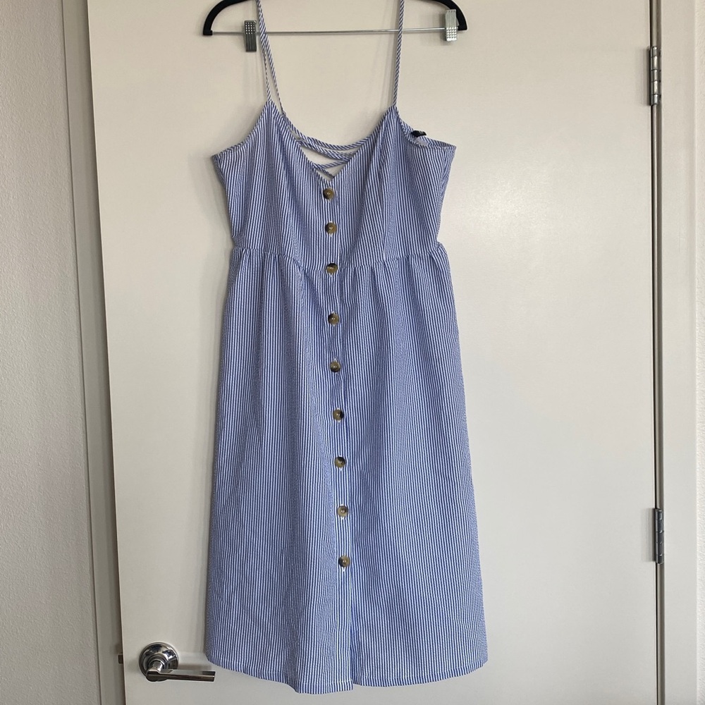 H&M button front midi dress striped blue white coastal seersucker dress 10 large